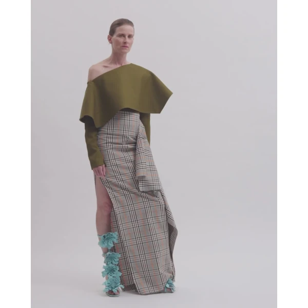 A.W.A.K.E. MODE Back To Front Asymmetric Oversized Collar Top Khaki Green - Tops - Conceptual Avant-Garde Fashion at Luxury Shoes 