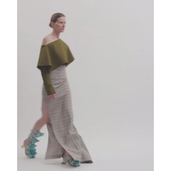 A.W.A.K.E. MODE Back To Front Asymmetric Oversized Collar Top Khaki Green - Tops - Conceptual Avant-Garde Fashion at Luxury Shoes 