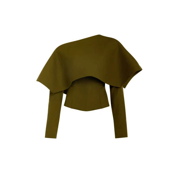 A.W.A.K.E. MODE Back To Front Asymmetric Oversized Collar Top Khaki Green - Tops - Conceptual Avant-Garde Fashion at Luxury Shoes 