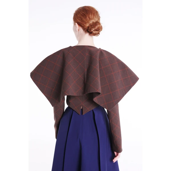 A.W.A.K.E. MODE Cropped Jacket With Collar Brown Check - Jackets - Conceptual Avant-Garde Fashion at Luxury Shoes 