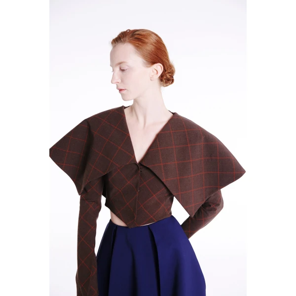 A.W.A.K.E. MODE Cropped Jacket With Collar Brown Check - Jackets - Conceptual Avant-Garde Fashion at Luxury Shoes 