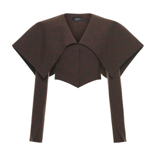 A.W.A.K.E. MODE Cropped Jacket With Collar Brown Check - Jackets - Conceptual Avant-Garde Fashion at Luxury Shoes 