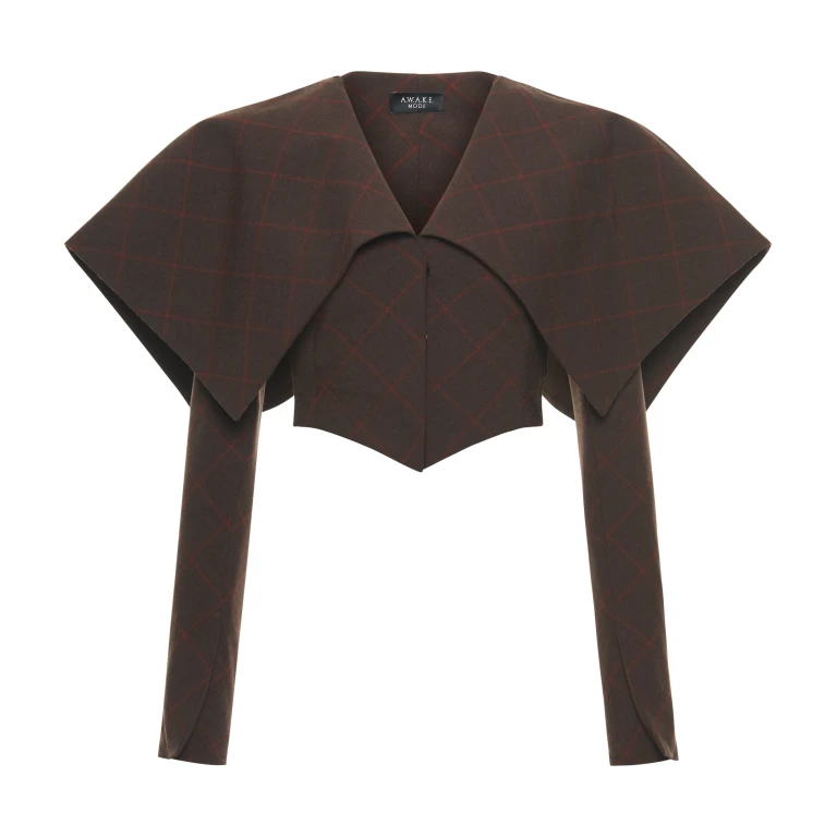 A.W.A.K.E. MODE Cropped Jacket With Collar Brown Check - Jackets - Conceptual Avant-Garde Fashion at Luxury Shoes 