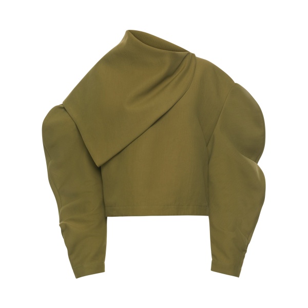 A.W.A.K.E. MODE Draped Collar Top Khaki Green - Tops - Conceptual Avant-Garde Fashion at Luxury Shoes 