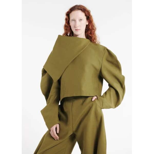A.W.A.K.E. MODE Draped Collar Top Khaki Green - Tops - Conceptual Avant-Garde Fashion at Luxury Shoes 