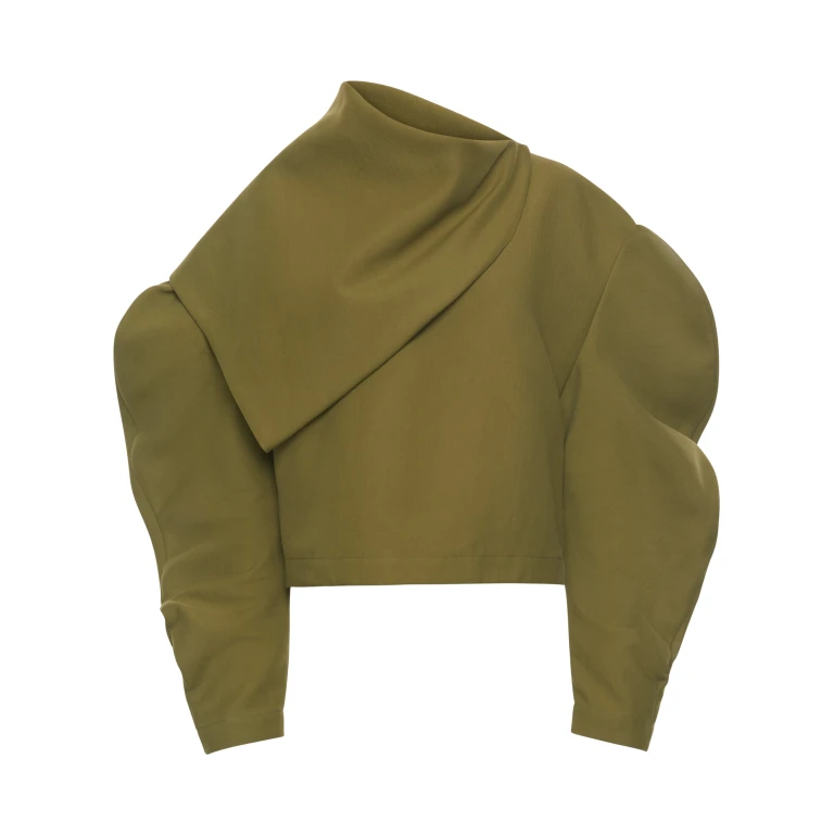 A.W.A.K.E. MODE Draped Collar Top Khaki Green - Tops - Conceptual Avant-Garde Fashion at Luxury Shoes 