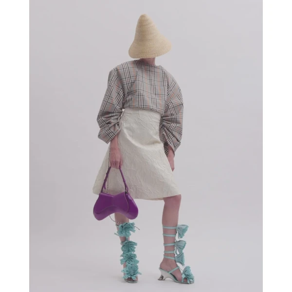 A.W.A.K.E. MODE Drawstring Sleeve Top Brown Check - Tops - Conceptual Avant-Garde Fashion at Luxury Shoes 