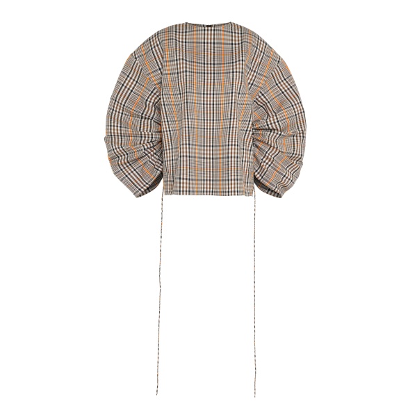 A.W.A.K.E. MODE Drawstring Sleeve Top Brown Check - Tops - Conceptual Avant-Garde Fashion at Luxury Shoes 