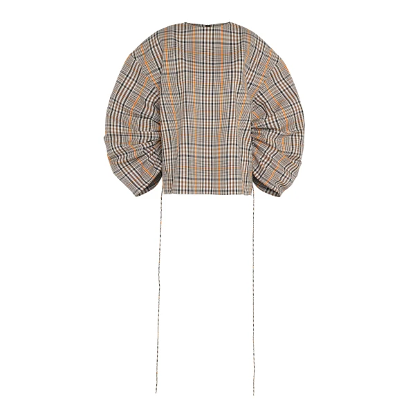 A.W.A.K.E. MODE Drawstring Sleeve Top Brown Check - Tops - Conceptual Avant-Garde Fashion at Luxury Shoes 