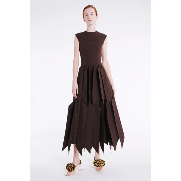 A.W.A.K.E. MODE Dress With Panel Brown Check - Dresses - Conceptual Avant-Garde Fashion at Luxury Shoes 