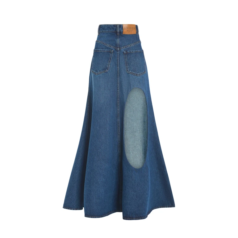 A.W.A.K.E. MODE Flared Back To Front Skirt With Cut Out Classic Blue Wash - Skirts - Conceptual Avant-Garde Fashion at Luxury Shoes 