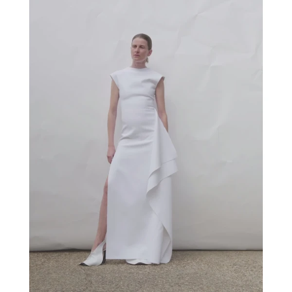 A.W.A.K.E. MODE High Neck Pencil Dress With Side Panel Detail White - Dresses - Conceptual Avant-Garde Fashion at Luxury Shoes 