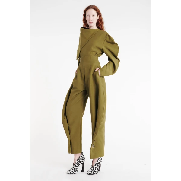 A.W.A.K.E. MODE High Rise Rounded Pant Khaki Green - Pants - Conceptual Avant-Garde Fashion at Luxury Shoes 