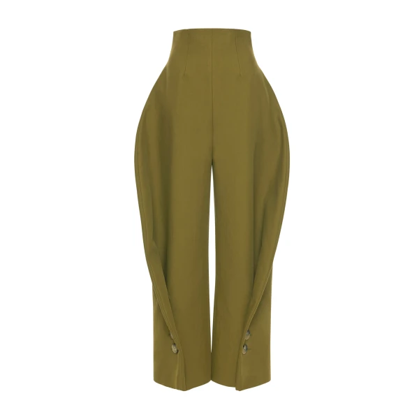 A.W.A.K.E. MODE High Rise Rounded Pant Khaki Green - Pants - Conceptual Avant-Garde Fashion at Luxury Shoes 