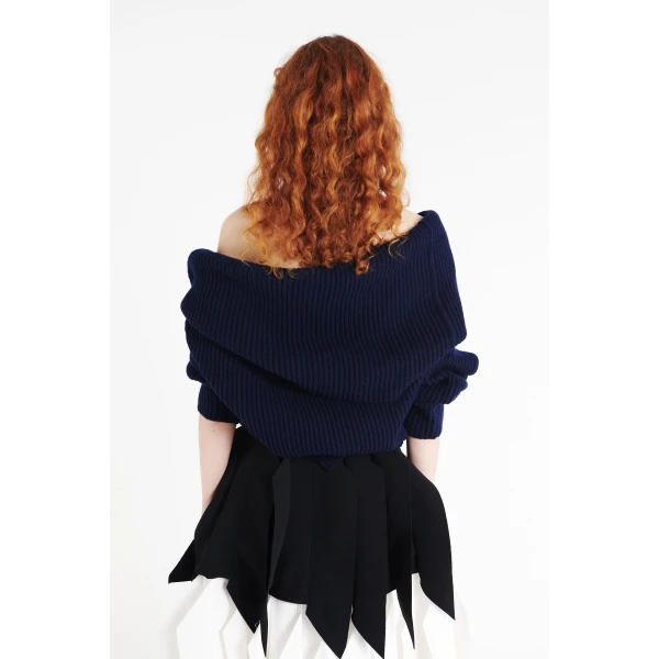A.W.A.K.E. MODE Off Shoulder Ribbed Sweater Navy - Knitwear - Conceptual Avant-Garde Fashion at Luxury Shoes 