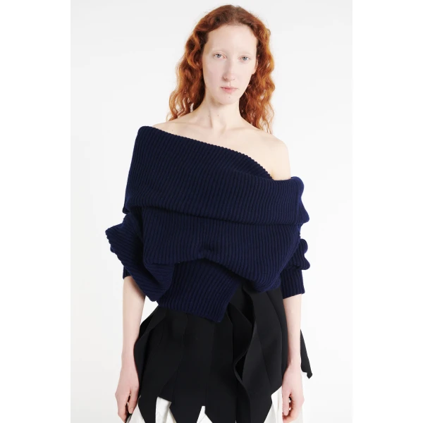 A.W.A.K.E. MODE Off Shoulder Ribbed Sweater Navy - Knitwear - Conceptual Avant-Garde Fashion at Luxury Shoes 