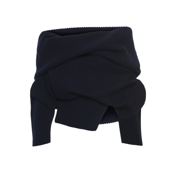 A.W.A.K.E. MODE Off Shoulder Ribbed Sweater Navy - Knitwear - Conceptual Avant-Garde Fashion at Luxury Shoes 