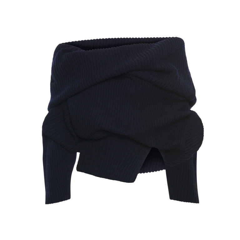 A.W.A.K.E. MODE Off Shoulder Ribbed Sweater Navy - Knitwear - Conceptual Avant-Garde Fashion at Luxury Shoes 