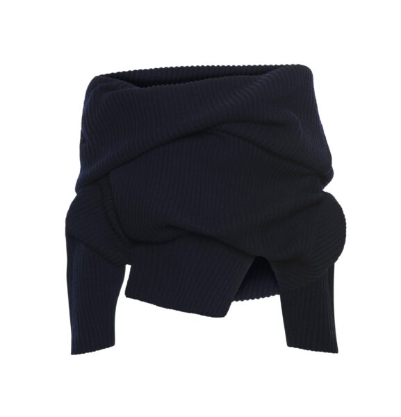 A.W.A.K.E. MODE Off Shoulder Ribbed Sweater Navy - Knitwear - Conceptual Avant-Garde Fashion at Luxury Shoes 