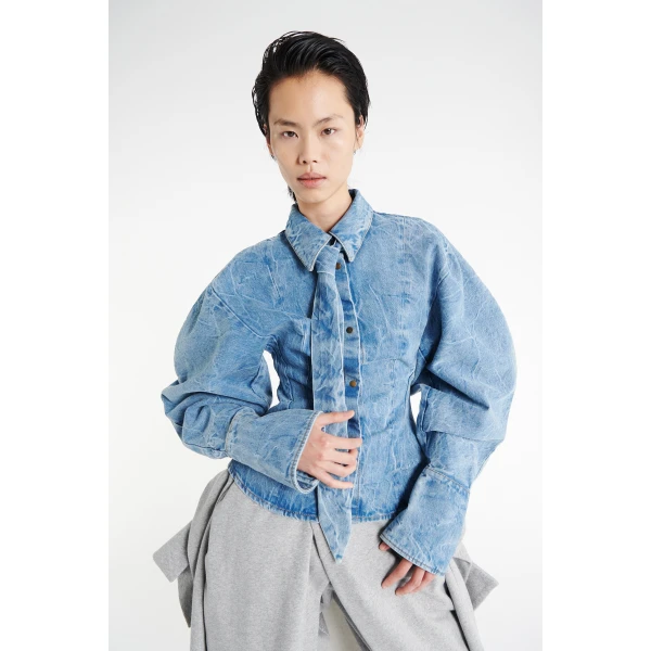 A.W.A.K.E. MODE Puff Sleeve Shirt Indigo Acid Wash - Tops - Conceptual Avant-Garde Fashion at Luxury Shoes 