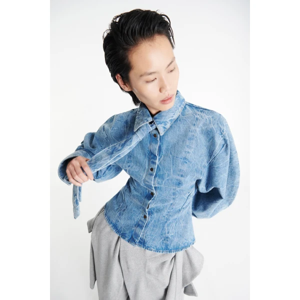 A.W.A.K.E. MODE Puff Sleeve Shirt Indigo Acid Wash - Tops - Conceptual Avant-Garde Fashion at Luxury Shoes 
