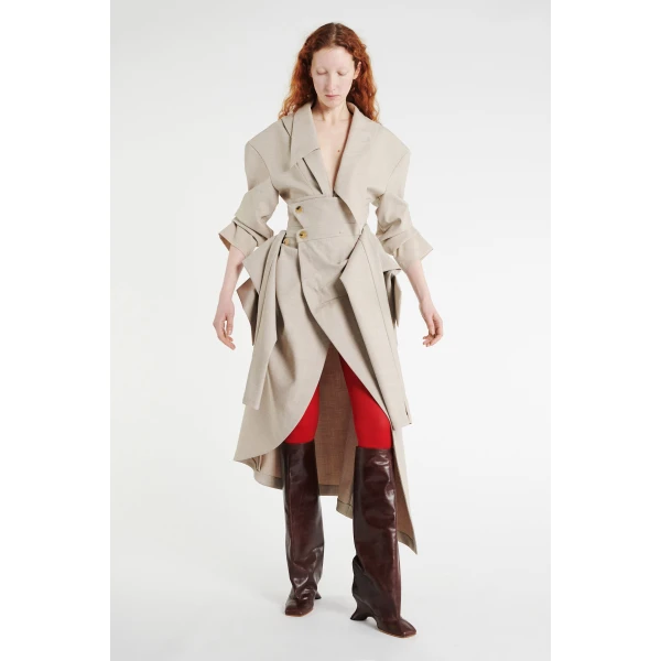A.W.A.K.E. MODE Tailored Bodysuit With Shirt Collar Insert Beige Melange - Bodysuit - Conceptual Avant-Garde Fashion at Luxury Shoes 