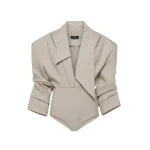 A.W.A.K.E. MODE Tailored Bodysuit With Shirt Collar Insert Beige Melange - Bodysuit - Conceptual Avant-Garde Fashion at Luxury Shoes 