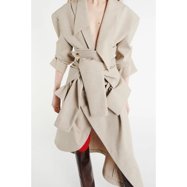 A.W.A.K.E. MODE Tailored Bodysuit With Shirt Collar Insert Beige Melange - Bodysuit - Conceptual Avant-Garde Fashion at Luxury Shoes 