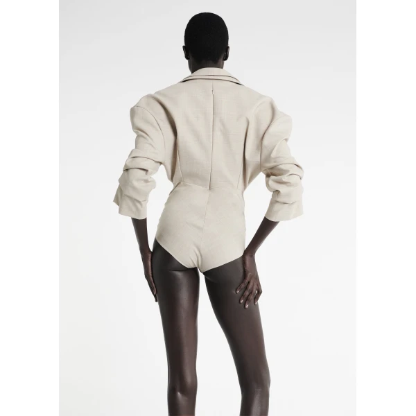 A.W.A.K.E. MODE Tailored Bodysuit With Shirt Collar Insert Beige Melange - Bodysuit - Conceptual Avant-Garde Fashion at Luxury Shoes 