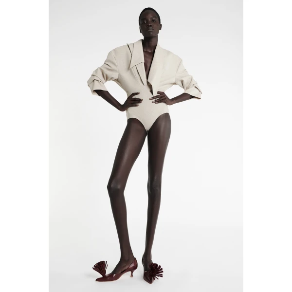 A.W.A.K.E. MODE Tailored Bodysuit With Shirt Collar Insert Beige Melange - Bodysuit - Conceptual Avant-Garde Fashion at Luxury Shoes 
