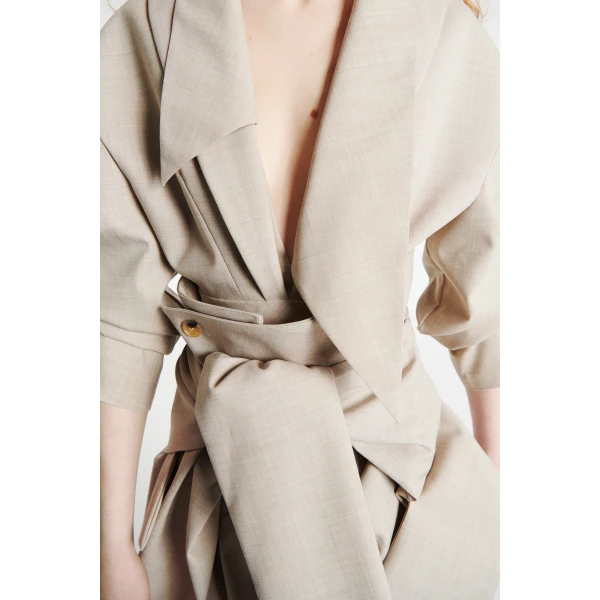 A.W.A.K.E. MODE Tailored Bodysuit With Shirt Collar Insert Beige Melange - Bodysuit - Conceptual Avant-Garde Fashion at Luxury Shoes 