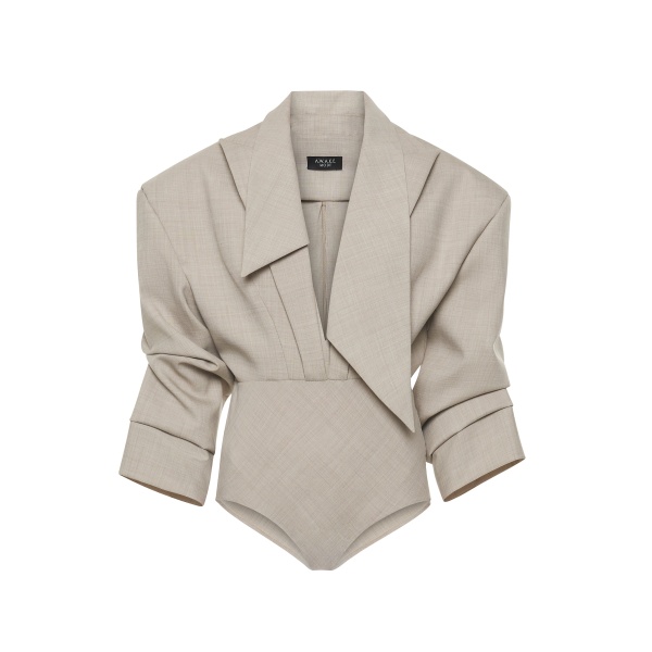 A.W.A.K.E. MODE Tailored Bodysuit With Shirt Collar Insert Beige Melange - Bodysuit - Conceptual Avant-Garde Fashion at Luxury Shoes 