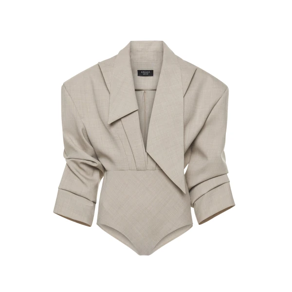 A.W.A.K.E. MODE Tailored Bodysuit With Shirt Collar Insert Beige Melange - Bodysuit - Conceptual Avant-Garde Fashion at Luxury Shoes 