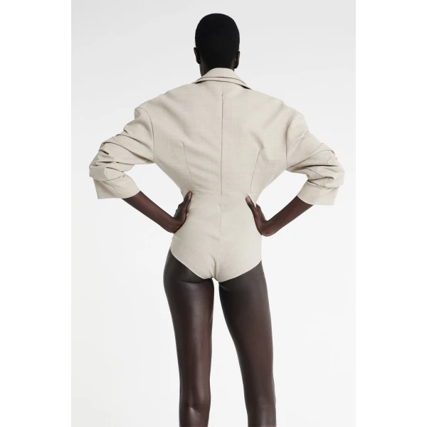 A.W.A.K.E. MODE Tailored Bodysuit With Shirt Collar Insert Beige Melange - Bodysuit - Conceptual Avant-Garde Fashion at Luxury Shoes 