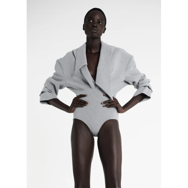 A.W.A.K.E. MODE Tailored Bodysuit With Shirt Collar Insert Grey Melange - Bodysuit - Conceptual Avant-Garde Fashion at Luxury Shoes 