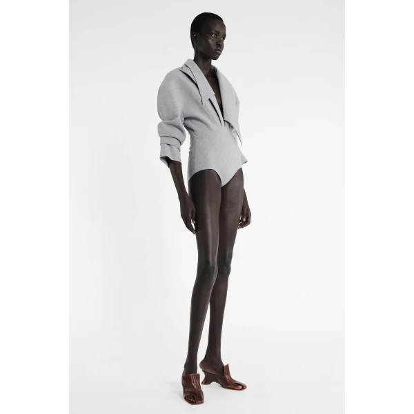 A.W.A.K.E. MODE Tailored Bodysuit With Shirt Collar Insert Grey Melange - Bodysuit - Conceptual Avant-Garde Fashion at Luxury Shoes 