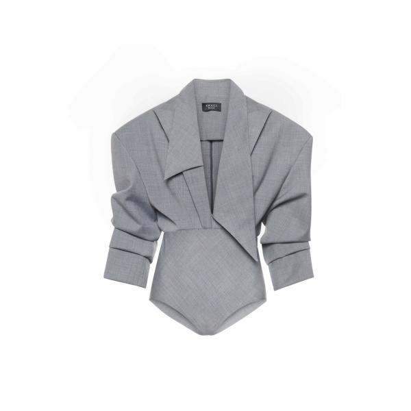 A.W.A.K.E. MODE Tailored Bodysuit With Shirt Collar Insert Grey Melange - Bodysuit - Conceptual Avant-Garde Fashion at Luxury Shoes 