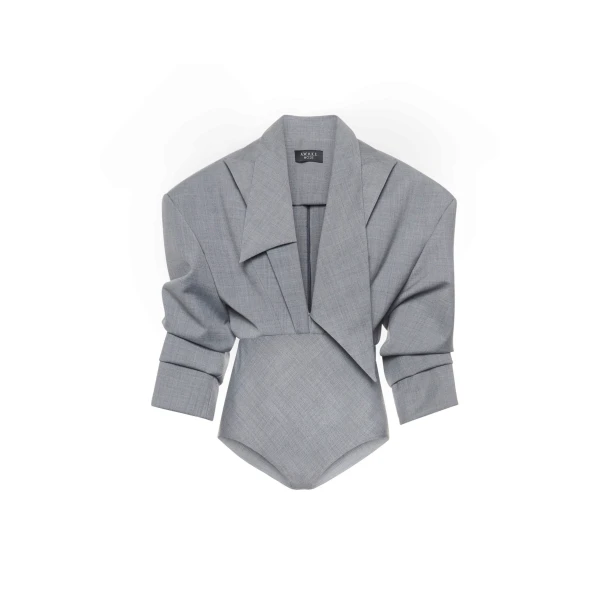 A.W.A.K.E. MODE Tailored Bodysuit With Shirt Collar Insert Grey Melange - Bodysuit - Conceptual Avant-Garde Fashion at Luxury Shoes 