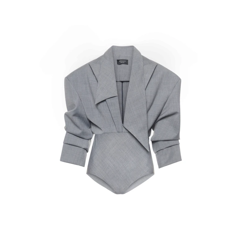 A.W.A.K.E. MODE Tailored Bodysuit With Shirt Collar Insert Grey Melange - Bodysuit - Conceptual Avant-Garde Fashion at Luxury Shoes 