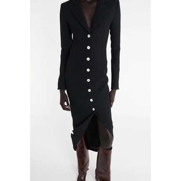 A.W.A.K.E. MODE Tailored Shirt Dress With Jacket Collar At Hem Black - Dresses - Conceptual Avant-Garde Fashion at Luxury Shoes 