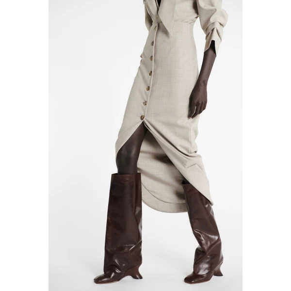 A.W.A.K.E. MODE Tailored Skirt With Jacket Collar At Hem Beige Melange - Skirts - Conceptual Avant-Garde Fashion at Luxury Shoes 