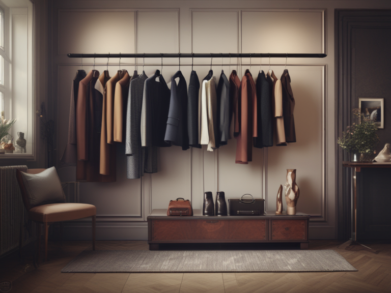 A luxury capsule wardrobe laid out — coat, knits, trousers, denim and leather, for Luxury Shoes 