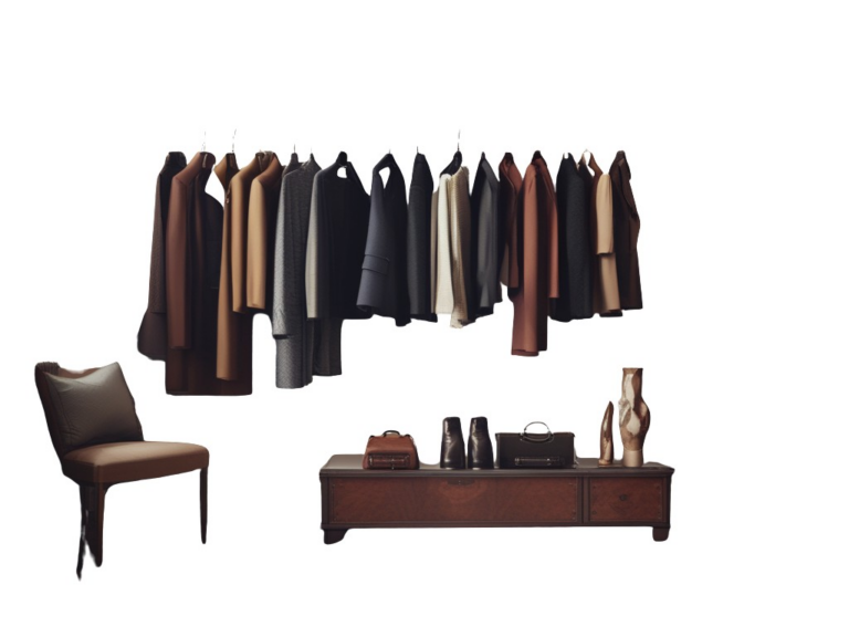 A luxury capsule wardrobe laid out — coat, knits, trousers, denim and leather, for Luxury Shoes 