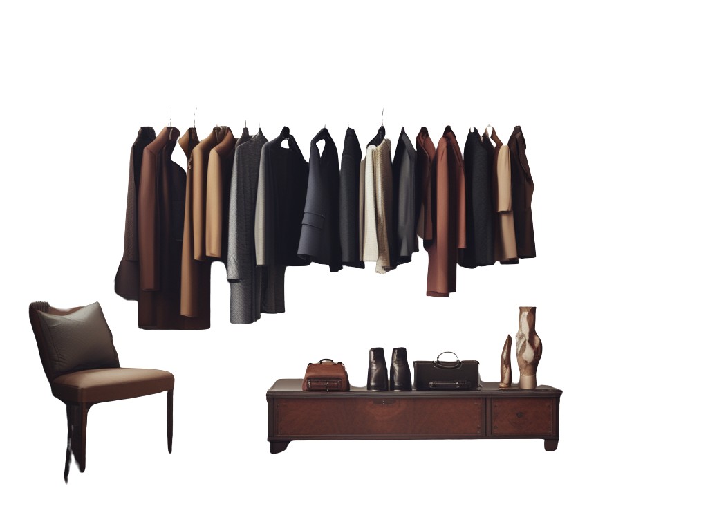 A luxury capsule wardrobe laid out — coat, knits, trousers, denim and leather, for Luxury Shoes 