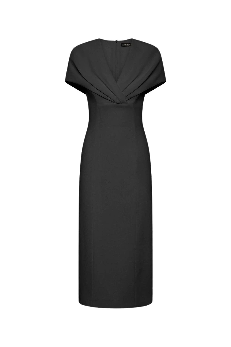 Carla-Zampatti-Black-Crepe-Front-Tuck-Midi-Dress87702_nobg Carla Zampatti Dresses