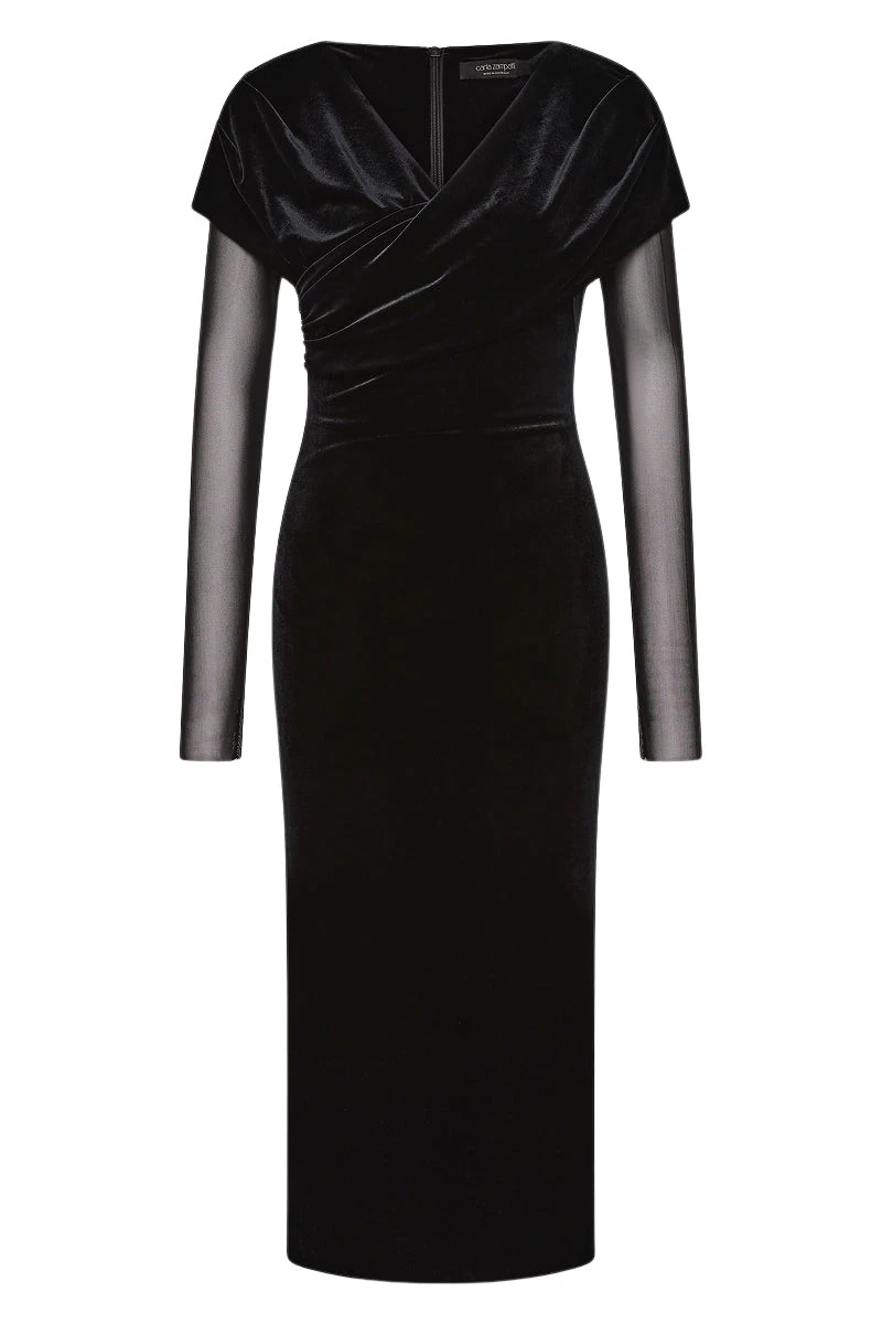 Carla-Zampatti-Black-Velvet-Mesh-Draped-Shoulder-Midi-Dress11176_nobg Carla Zampatti Dresses