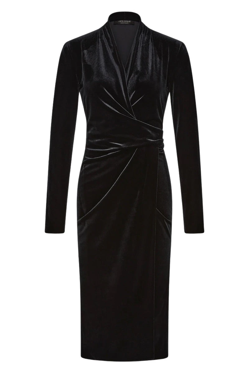 Carla Zampatti Black Velvet Tie Front Midi Dress