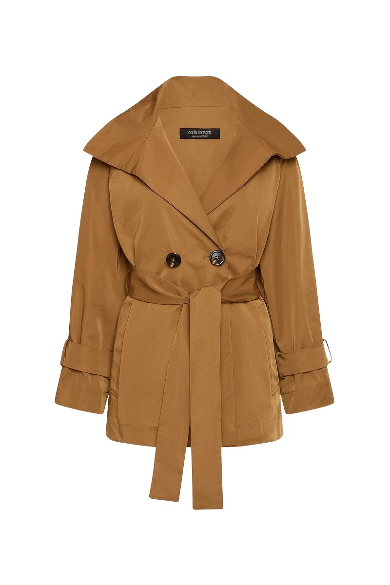 Carla Zampatti Camel Taffeta Twill Short Trench Coat