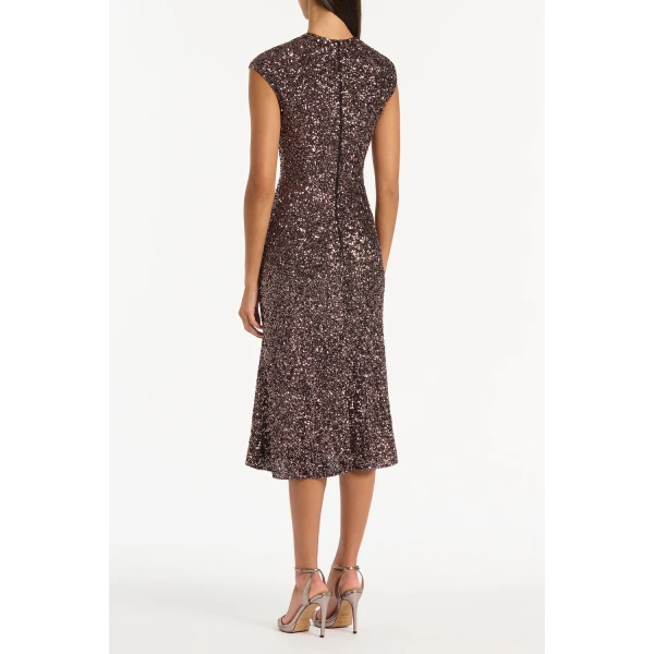 Carla Zampatti Copper Sequin Fluted Midi Dress, view 3