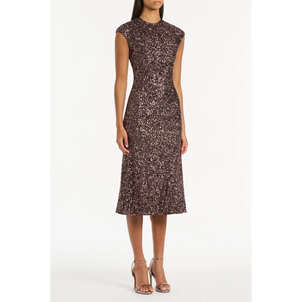 Carla Zampatti Copper Sequin Fluted Midi Dress, view 4